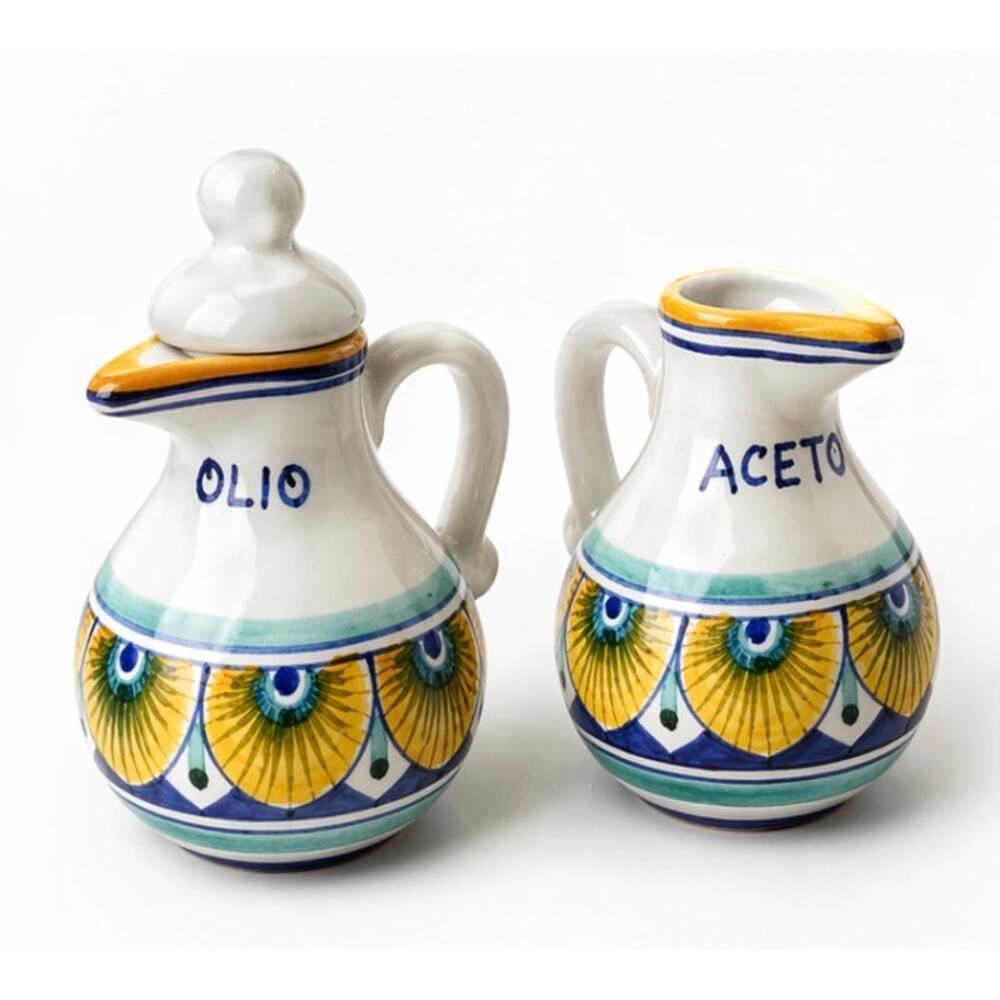 Hand Painted Ceramic Oil & Vinegar Cruet Set Mediterranean Italian Style Decor